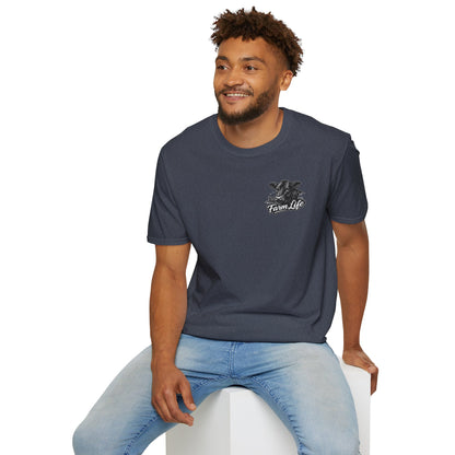 Model wearing Farm Life T-Shirt, showcasing rancher apparel with a relaxed fit and outdoor style.