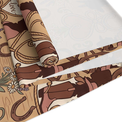Western Bridal Table Runner with rustic designs of horseshoes, boots, and flowers on a warm taupe background.