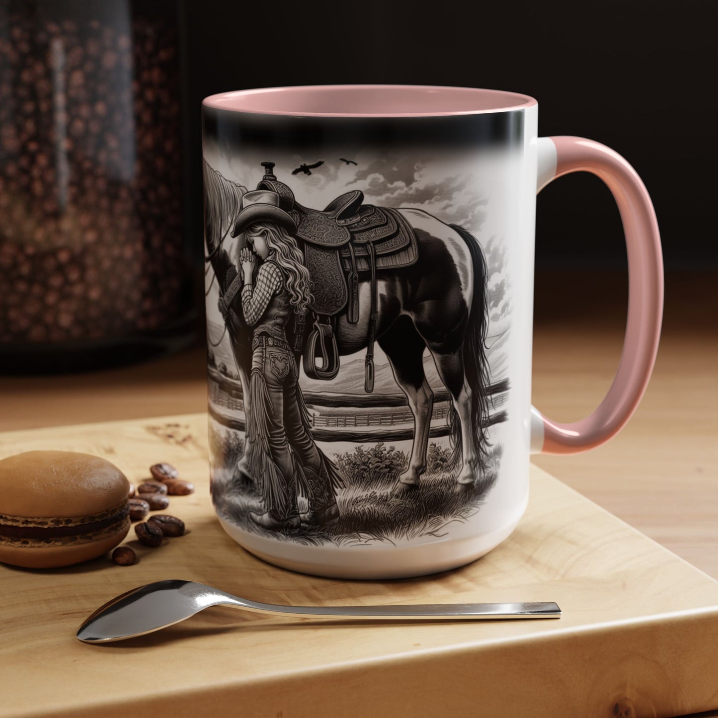 Praying Cowgirl Coffee Mug featuring a girl with her horse, perfect for equestrian enthusiasts and warm mornings.