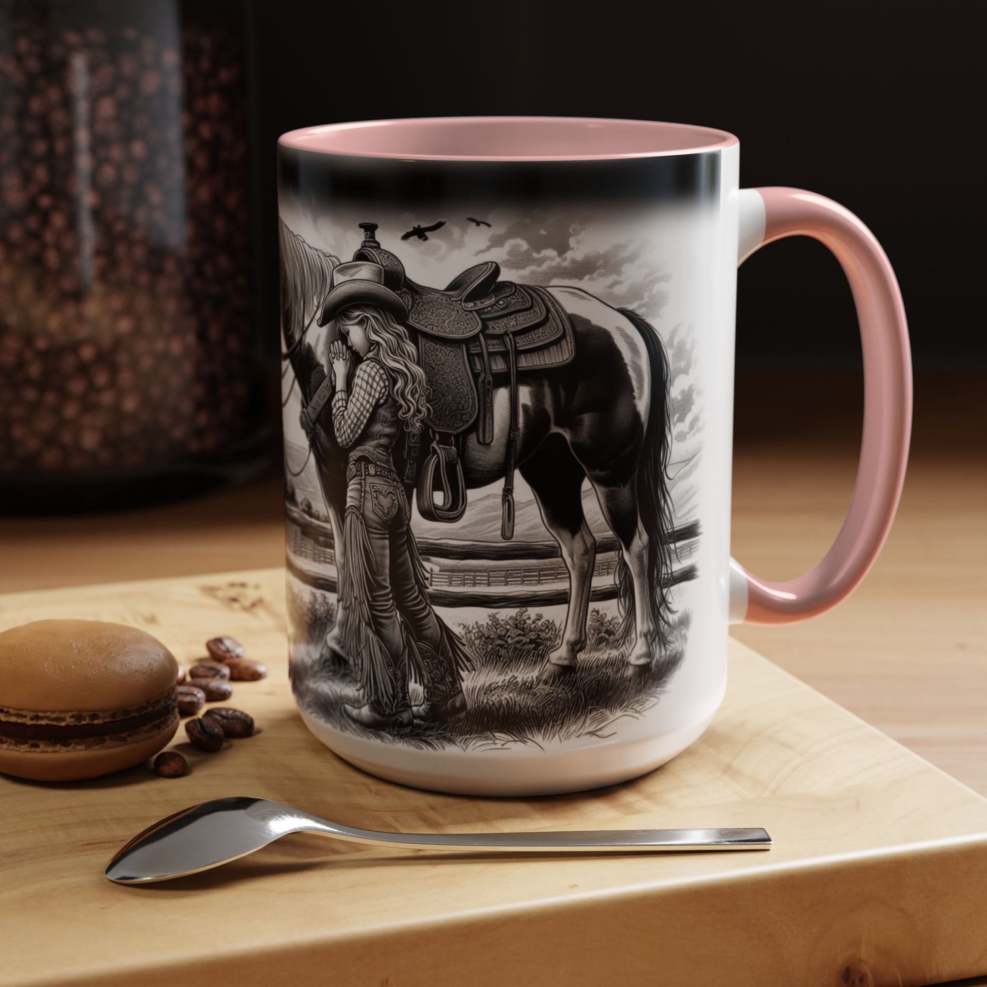 Praying Cowgirl Coffee Mug featuring a girl with her horse, perfect for equestrian enthusiasts and warm mornings.