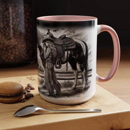 Praying Cowgirl Coffee Mug featuring a girl with her horse, perfect for equestrian enthusiasts and warm mornings.