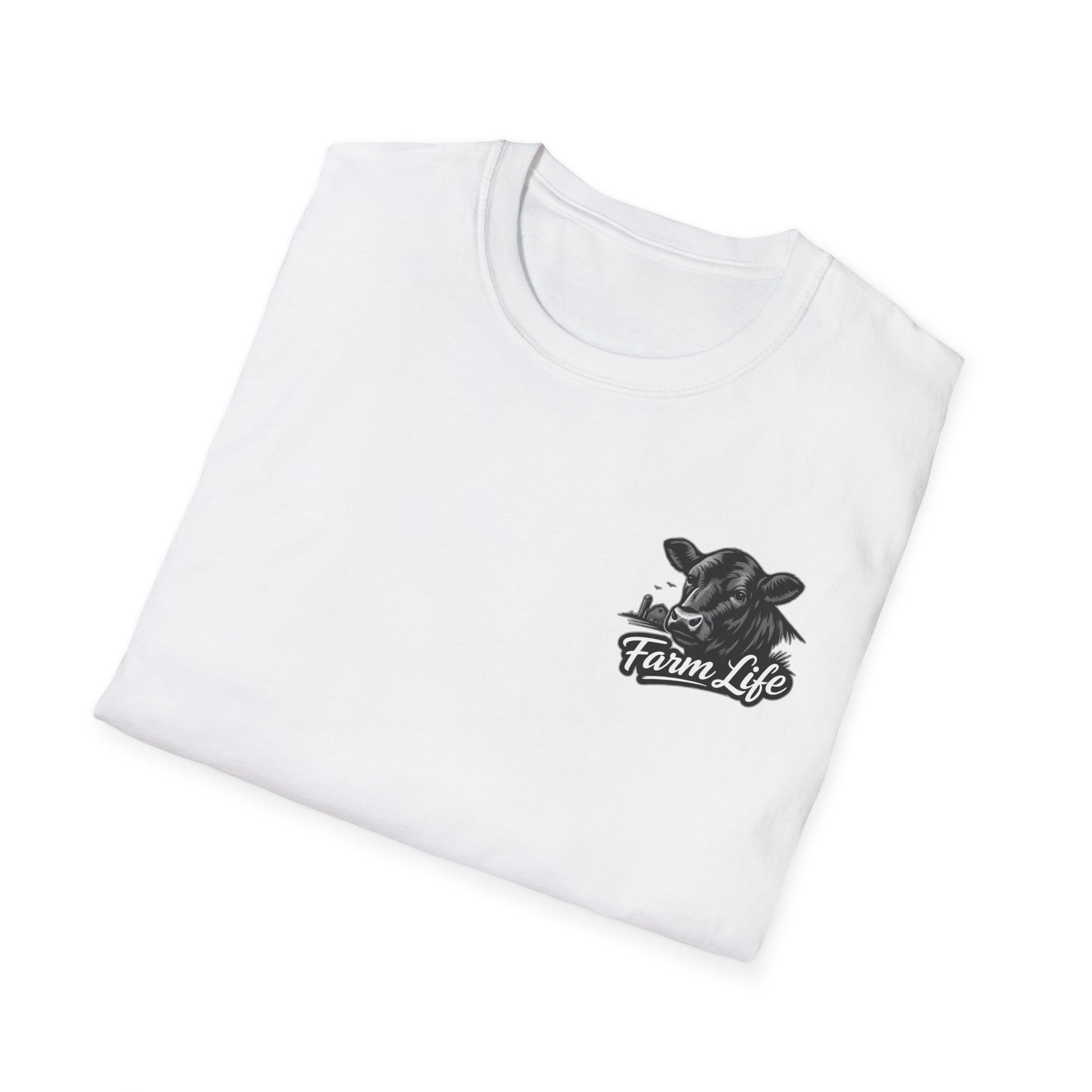 White Farm Life T-Shirt featuring cow graphic, perfect for ranchers and outdoor enthusiasts.