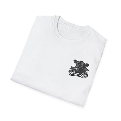 White Farm Life T-Shirt featuring cow graphic, perfect for ranchers and outdoor enthusiasts.