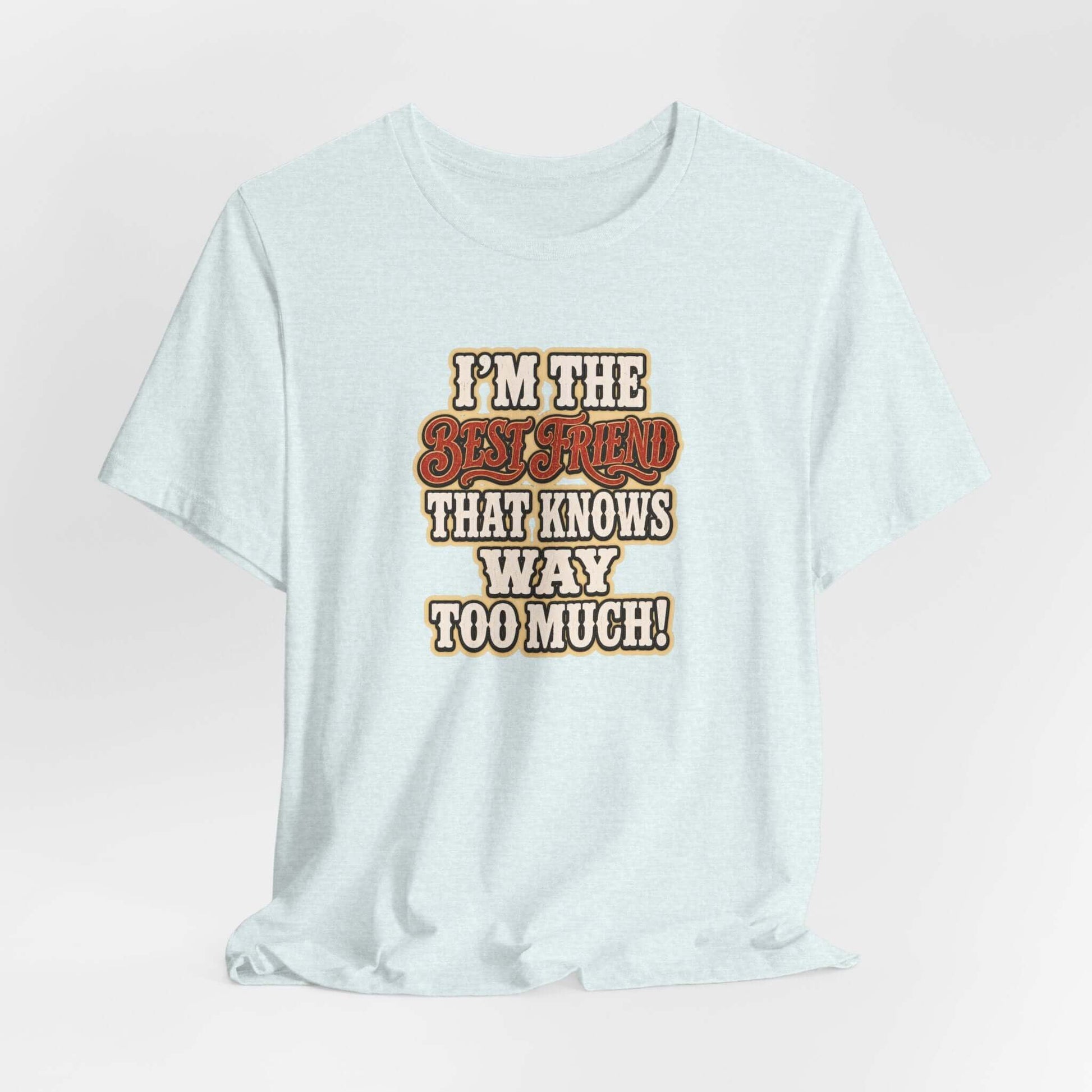 Best Friend T-Shirt featuring the phrase 'I'm the best friend that knows way too much' on a light blue cotton tee.