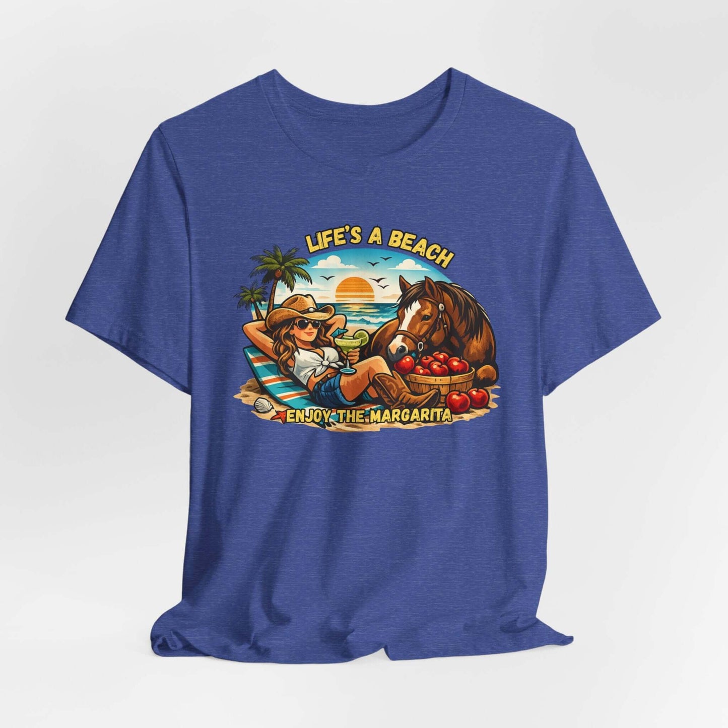 Life's A Beach Western Tee featuring a cowgirl relaxing with a horse and tropical elements, perfect for casual wear.