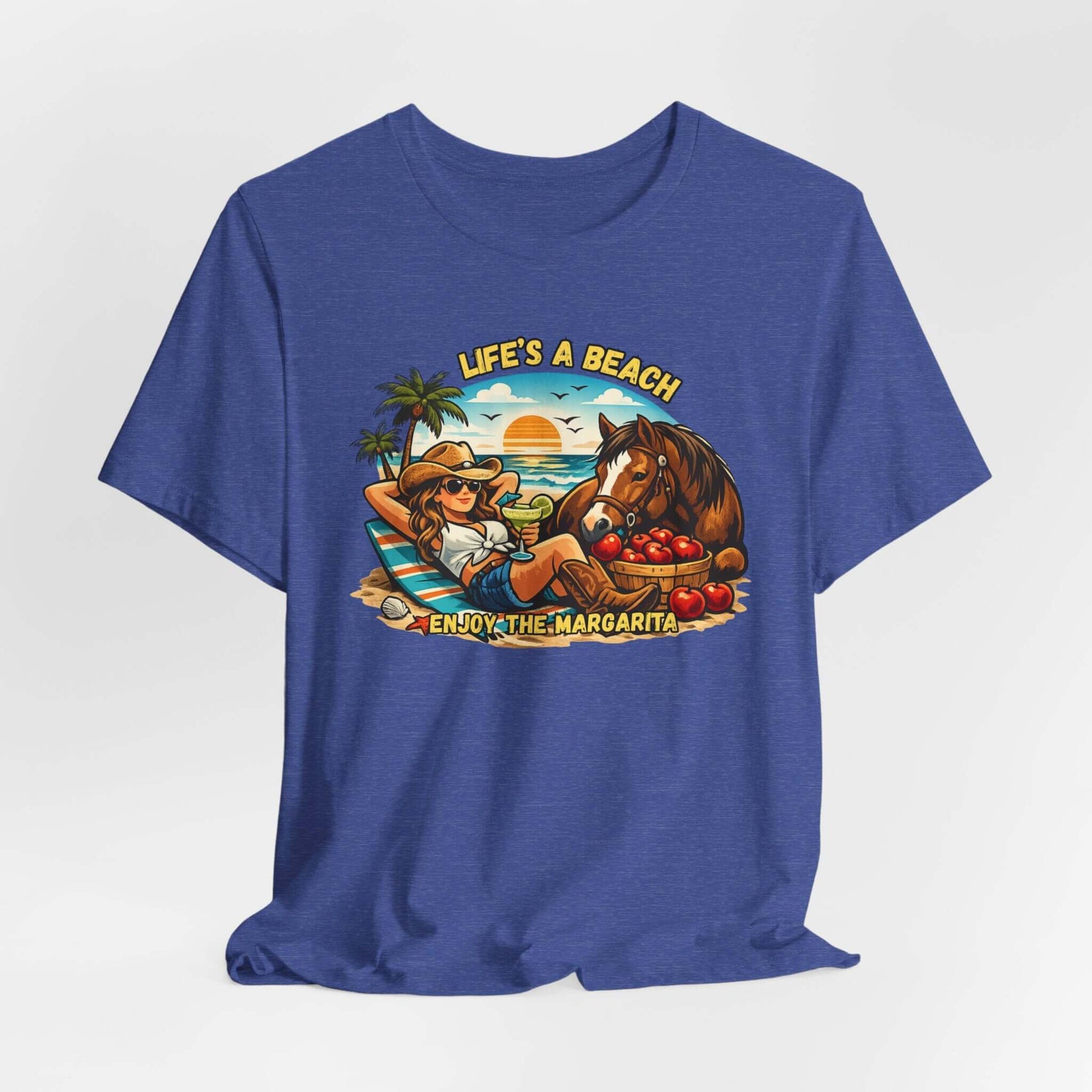 Life's A Beach Western Tee featuring a cowgirl relaxing with a horse and tropical elements, perfect for casual wear.