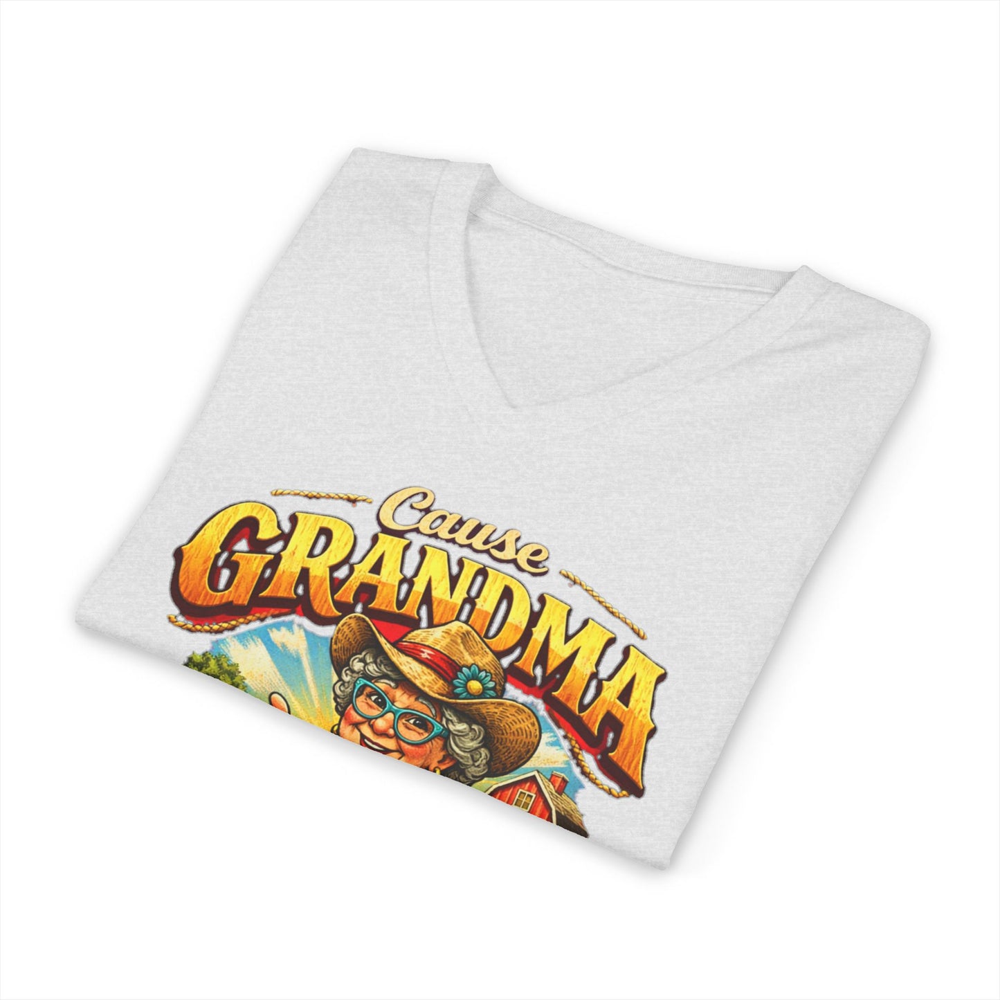Funny Grandma T-Shirt featuring colorful design and V-Neck style, perfect gift for gran and Mema.
