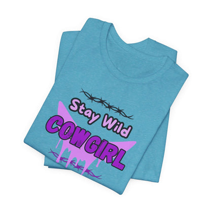 Cowgirl Western Tee featuring the bold graphic 'Stay Wild COWGIRL' on a light blue shirt design.