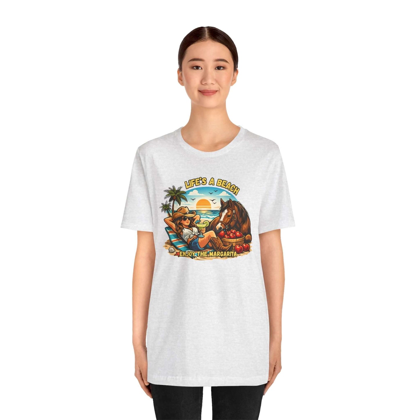 Life's A Beach Western Tee featuring a fun beach design, perfect for cowgirl apparel and humor.