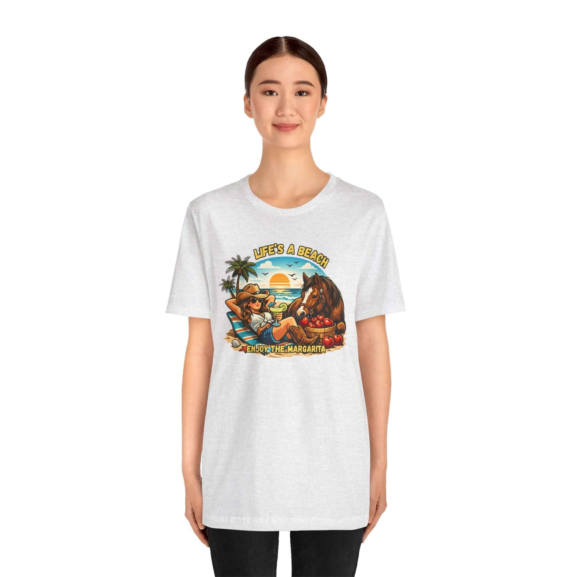 Life's A Beach Western Tee featuring a fun beach design, perfect for cowgirl apparel and humor.