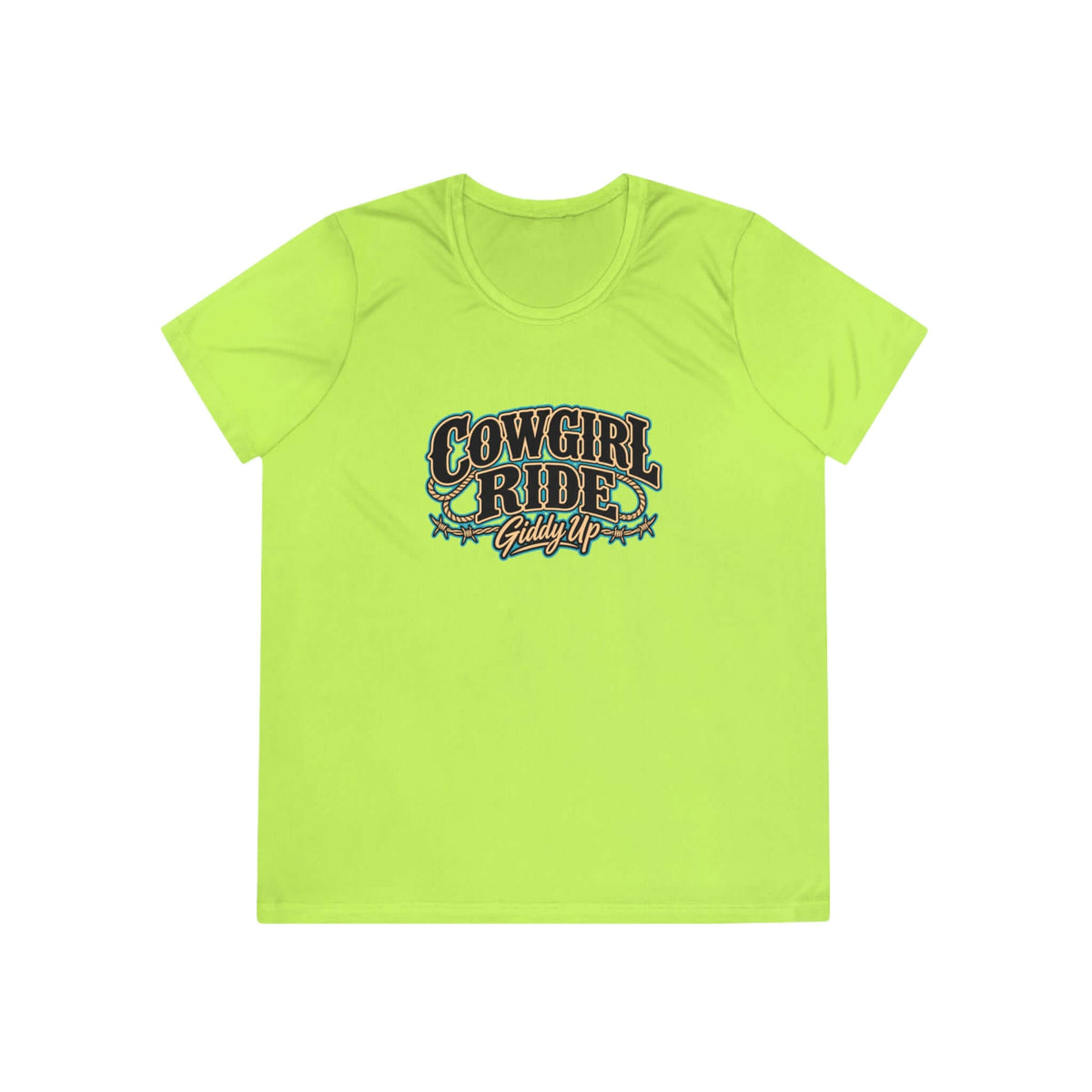 Cowgirl Ride Giddy Up Ladies Tee in vibrant lime green with western graphic design.
