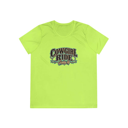 Cowgirl Ride Giddy Up Ladies Tee in vibrant lime green with western graphic design.