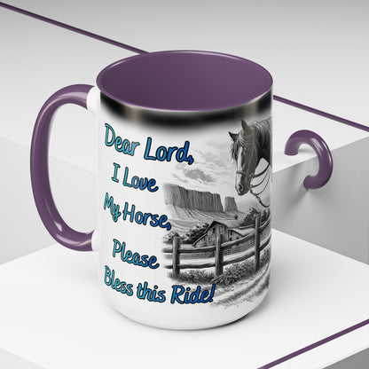 Praying Cowgirl coffee mug with horse design and heartfelt message for equestrian lovers.