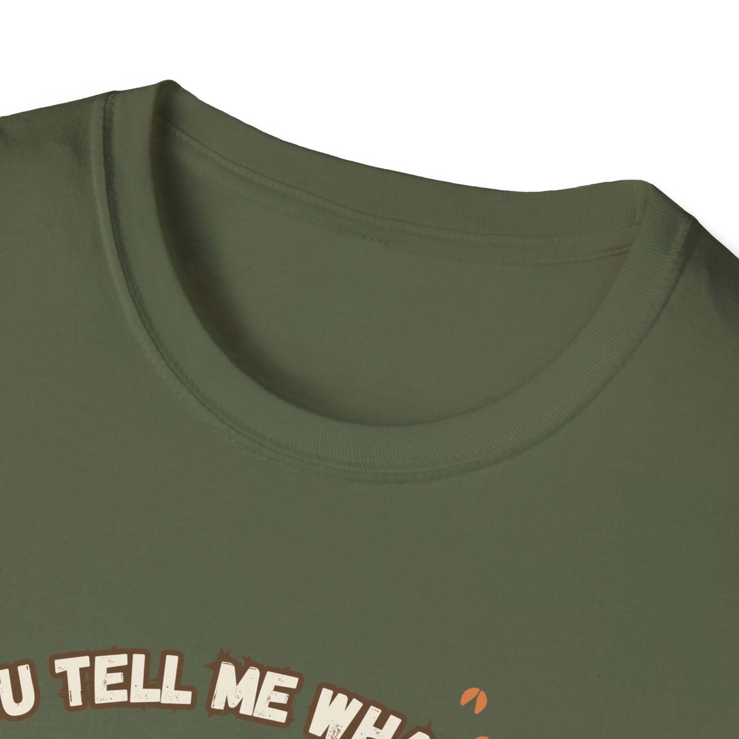Close-up of the collar of the Working Cows Humor T-Shirt in olive green, showcasing its design and lightweight fabric.