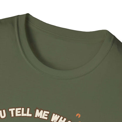 Close-up of the collar of the Working Cows Humor T-Shirt in olive green, showcasing its design and lightweight fabric.