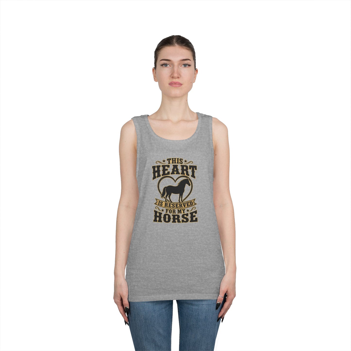 Horse Lover Tank Top featuring the phrase 'This Heart is Reserved for My Horse' on a gray graphic tank.