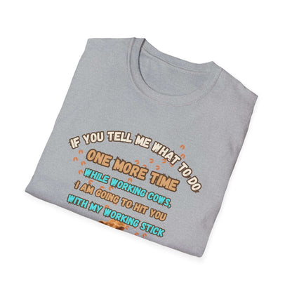 Working Cows Humor T-Shirt displayed, featuring humorous phrase about working cows on a gray tee.