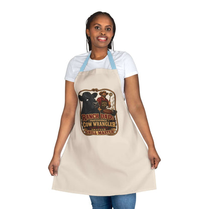 Ranch Dad Apron featuring a humorous cow wrangler graphic, perfect for grill masters and Father's Day gifts.