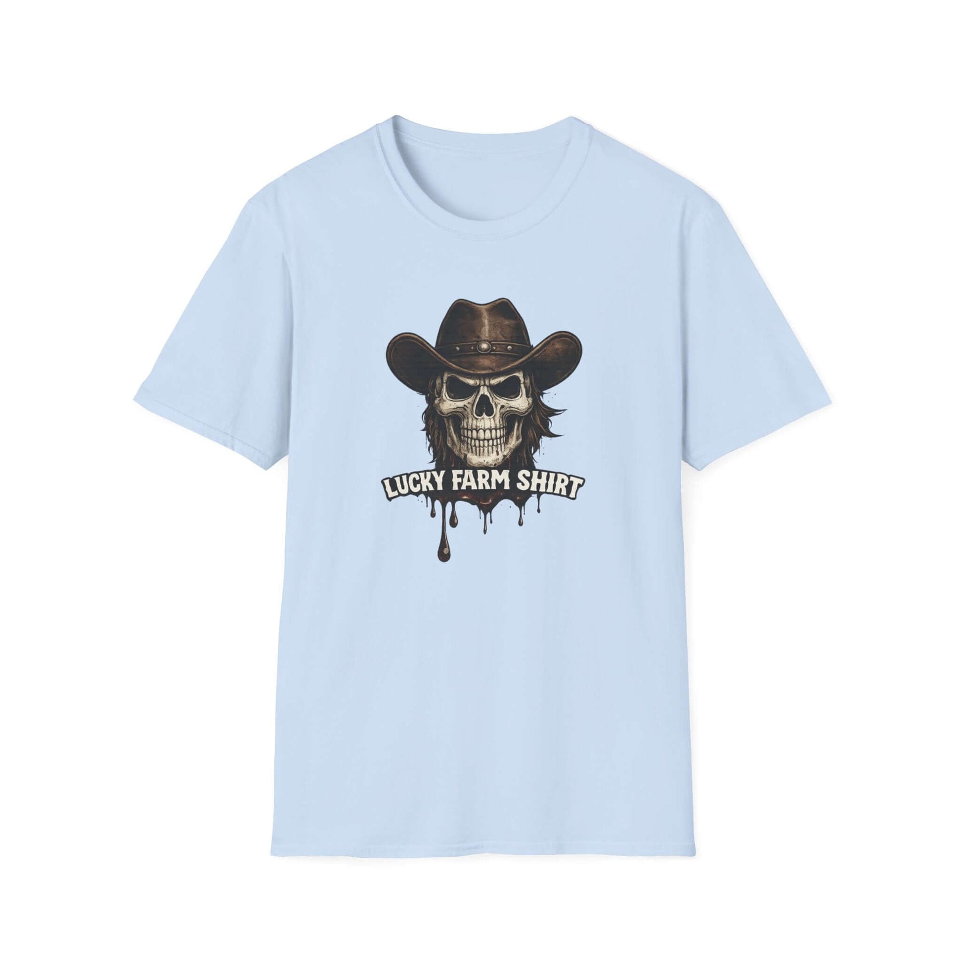 Lucky Farm T-Shirt featuring a skull graphic and cowboy hat on a light blue shirt.