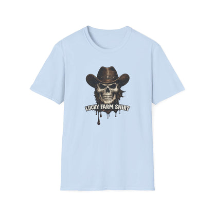 Lucky Farm T-Shirt featuring a skull graphic and cowboy hat on a light blue shirt.