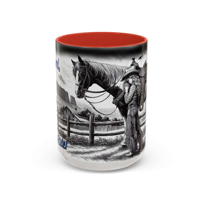 Praying Cowgirl Coffee Mug featuring a girl with her horse in black and white design, perfect gift for equestrian enthusiasts.