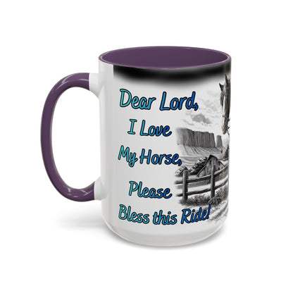 Praying Cowgirl Coffee Mug featuring heartfelt message and horse design, perfect gift for equestrian enthusiasts.