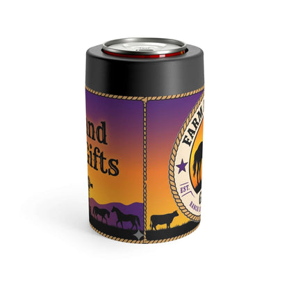 Personalized Can Holder featuring silhouettes of horses and cattle on a warm sunset background.