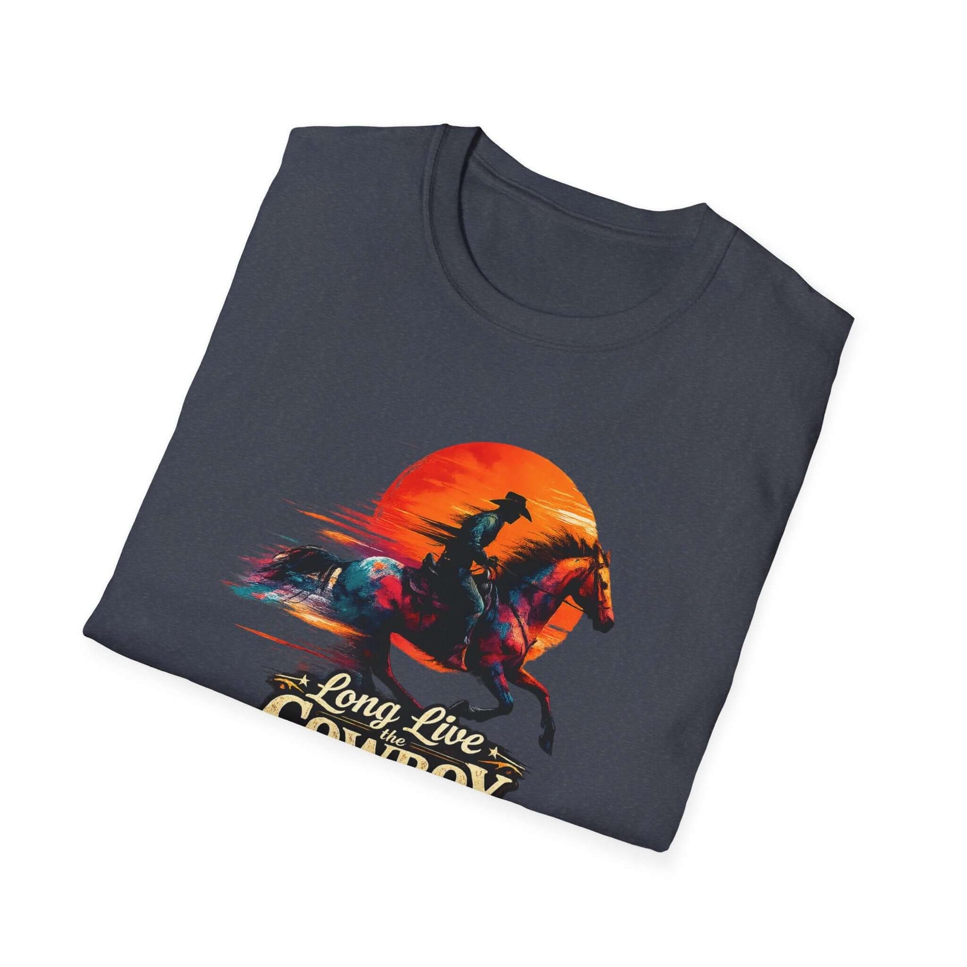 Long Live the Cowboy T-Shirt featuring a horse silhouette and sunset design.