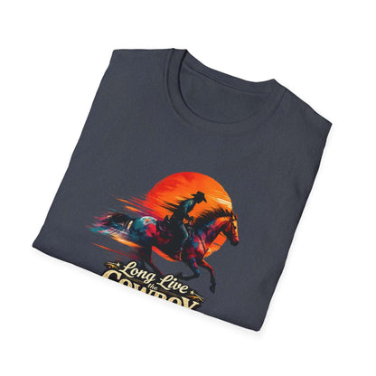 Long Live the Cowboy T-Shirt featuring a horse silhouette and sunset design.