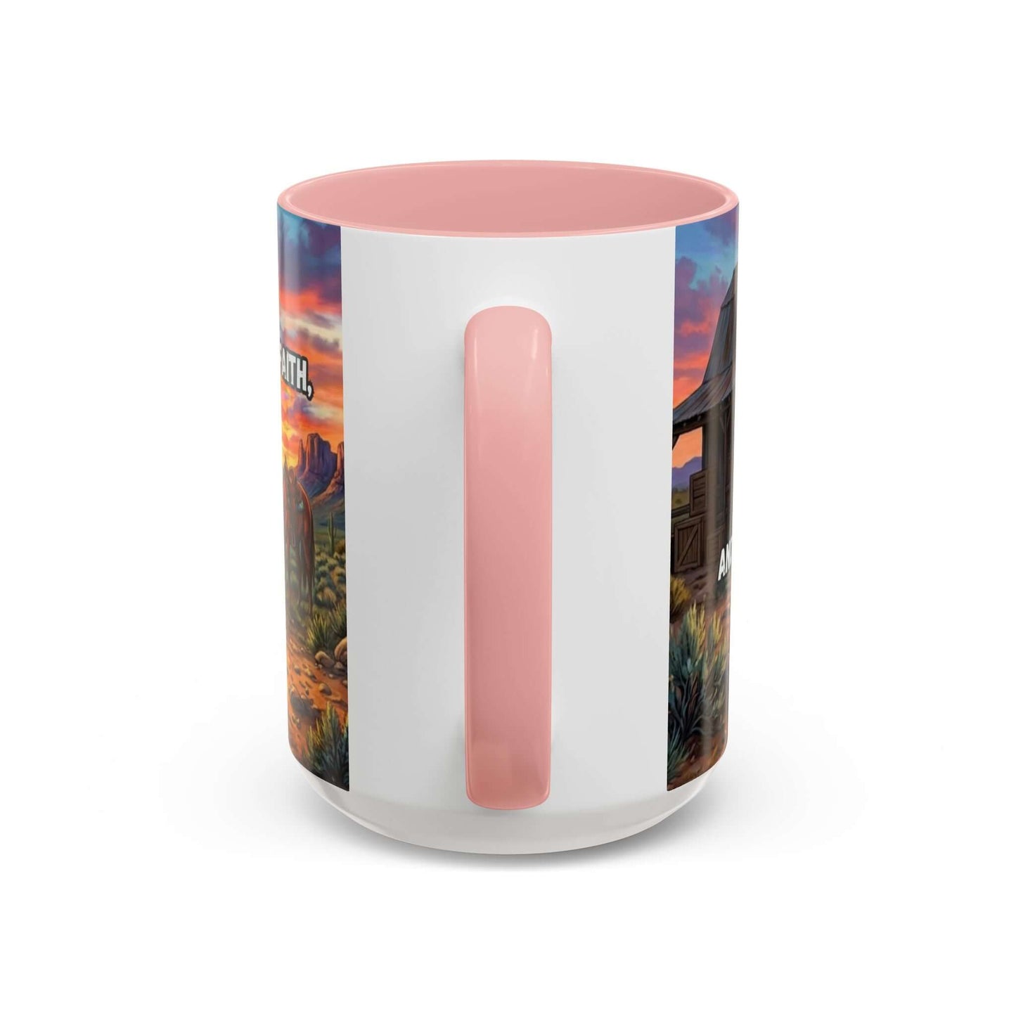 Cowboy Prayer Coffee Mug with pink handle, featuring western scenery and sunset tones.