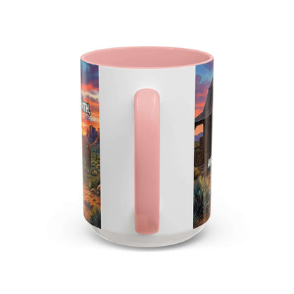 Cowboy Prayer Coffee Mug with pink handle, featuring western scenery and sunset tones.