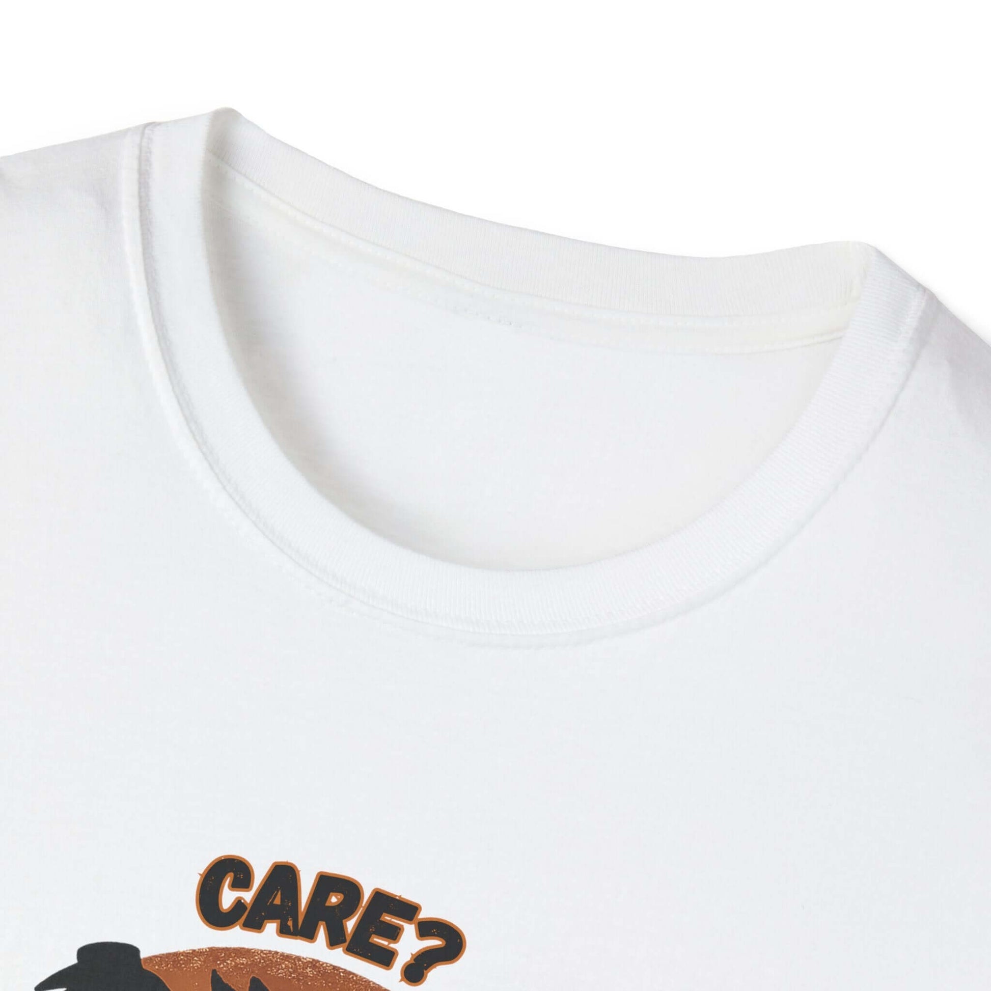 Close-up of the neckline of the Horse Lover T-Shirt featuring the text "Care? Nah... I'm good."