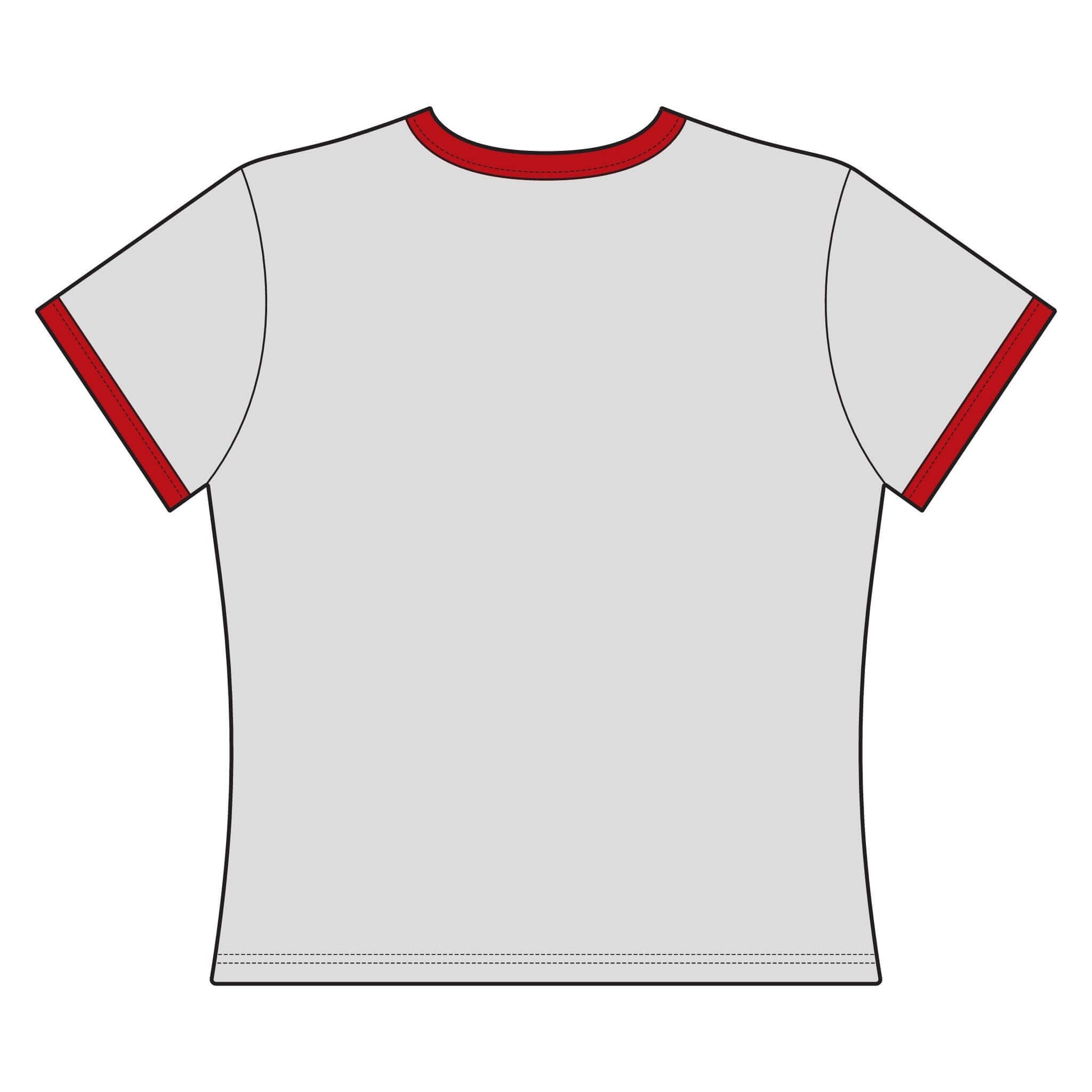 Back view of Cowgirl Cropped Tee with red collar and sleeve trim, showcasing a snug fit.