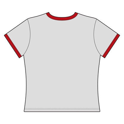 Back view of Cowgirl Cropped Tee with red collar and sleeve trim, showcasing a snug fit.