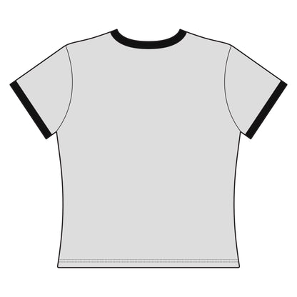 Back view of Cowgirl Cropped Tee with black collar and sleeve trim, showcasing a snug fit design.