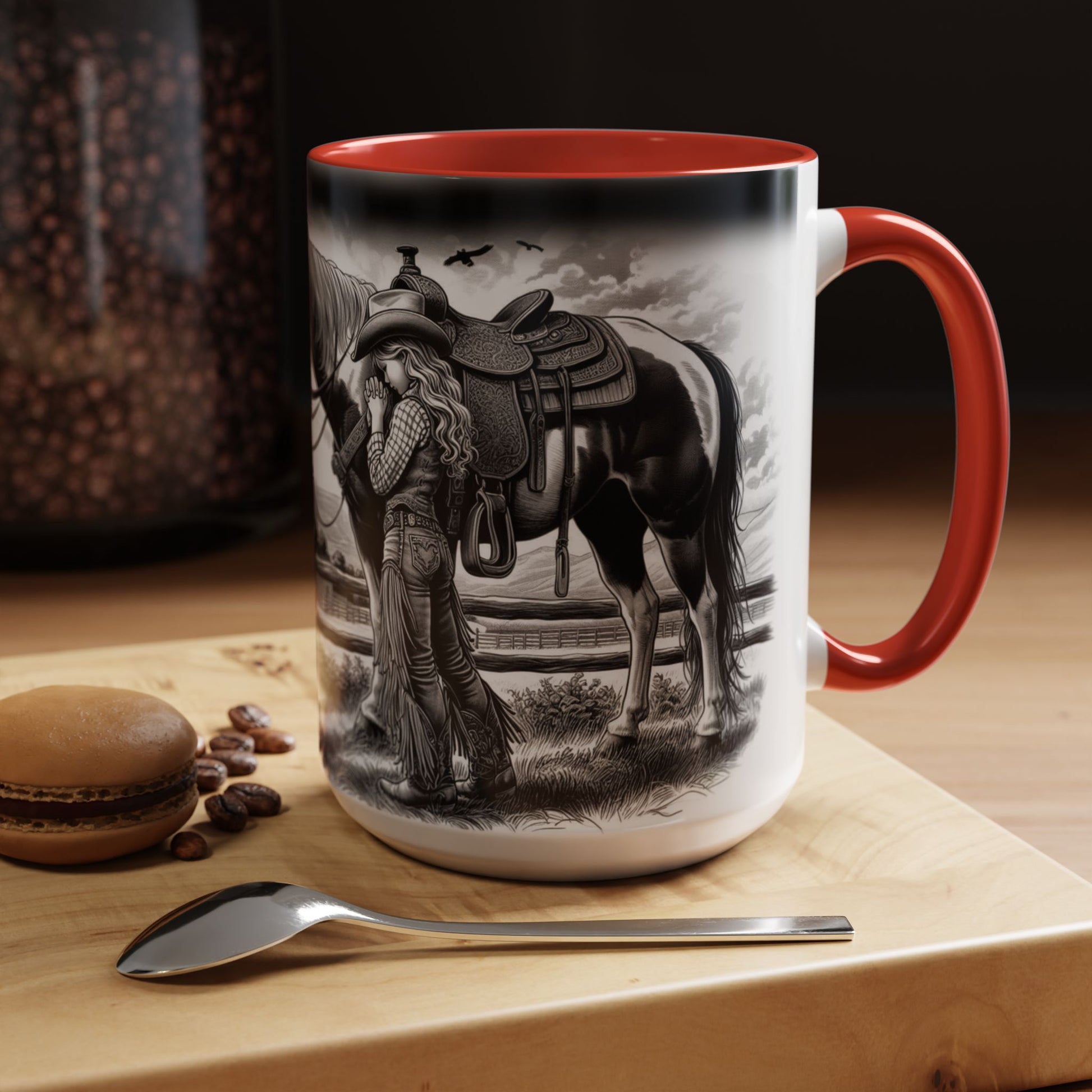 Praying Cowgirl Coffee Mug featuring a girl connecting with her horse, perfect gift for equestrian enthusiasts.