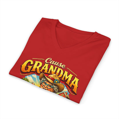 Grandma T-Shirt, funny western v-neck tee in red, showing off playful design for grandmas.