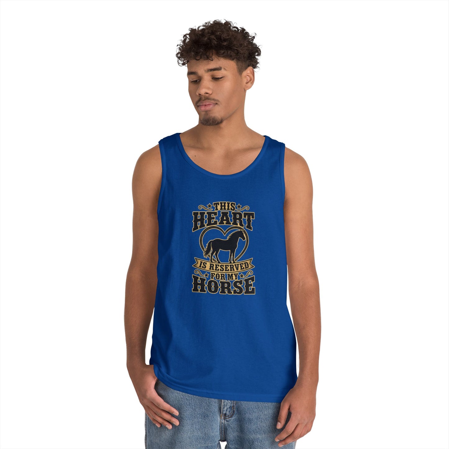 Horse Lover Tank Top featuring the text 'This Heart is Reserved for My Horse' on a blue sleeveless tee.