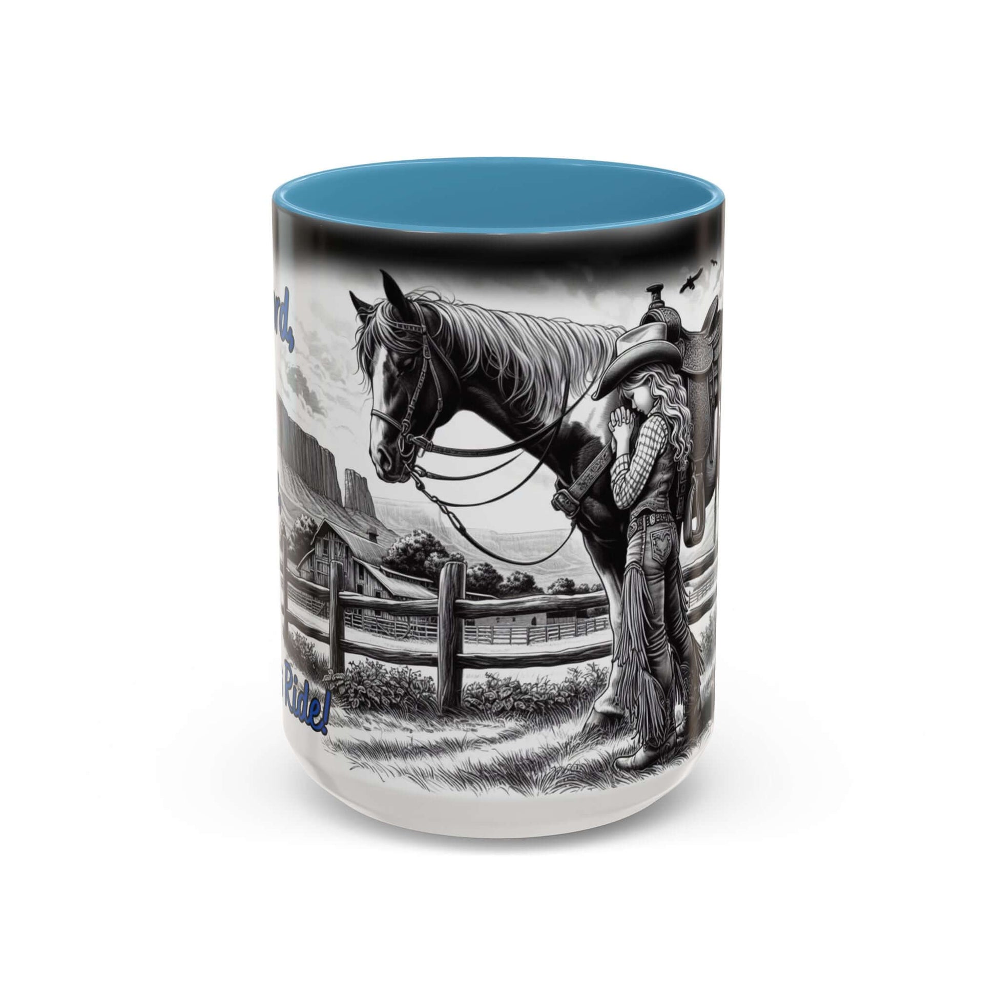 Praying Cowgirl Coffee Mug featuring a girl with her horse, perfect for equestrian enthusiasts.