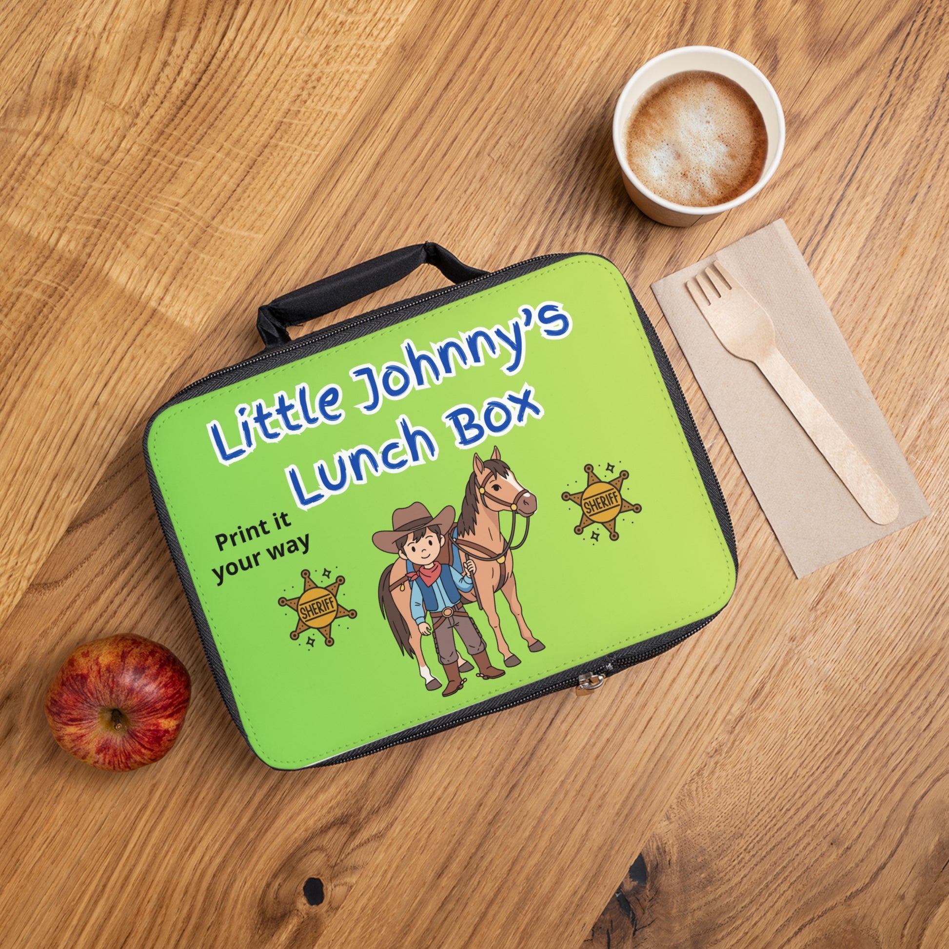 Personalized Kids Lunch Bag featuring Little Johnny, a horse, and playful design for back to school.