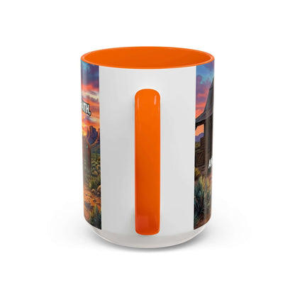 Cowboy Prayer Coffee Mug featuring vibrant sunset hues and an orange handle, perfect for religious gifts and cowboy gifts.
