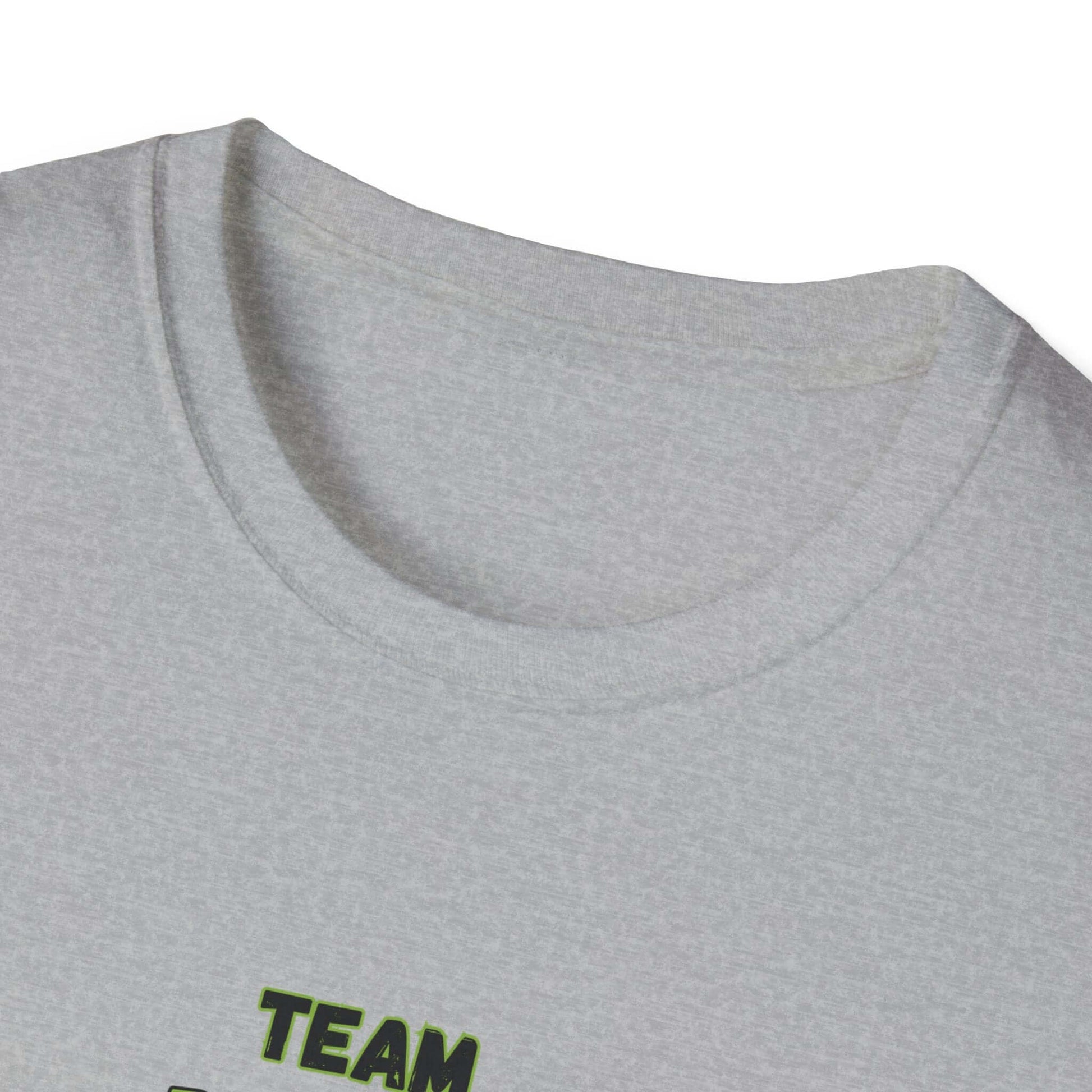 Brangus Cattle Farmer Tee collar detail showcasing Team Brangus print on a light gray t-shirt.