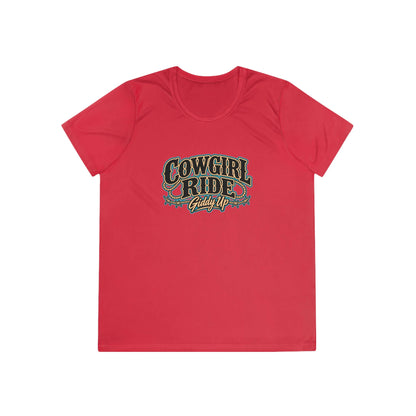 Cowgirl Ride Giddy Up Ladies Tee in red with vintage graphic design for horse lovers.
