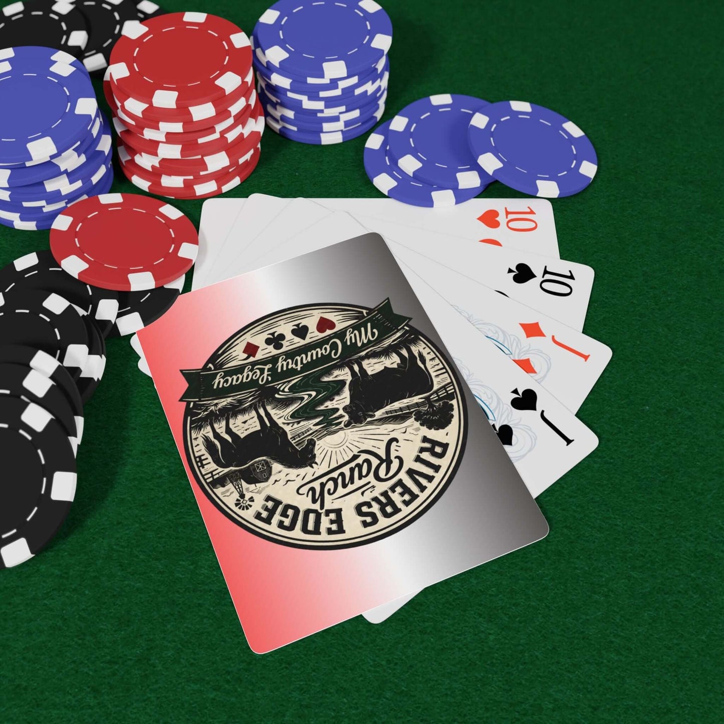 Personalized Playing Cards displayed with poker chips on a green felt table, perfect for custom gifts.