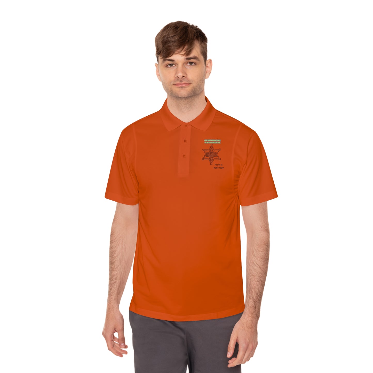 Personalize Sport Polo Shirt in orange, perfect for ranch work and outdoor activities, featuring a crisp collar and moisture-wicking fabric.