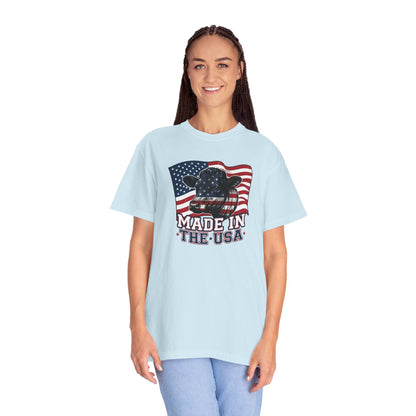 Rancher T-Shirt featuring an American flag design, showcasing "Made in the USA" for patriotic style and comfort.