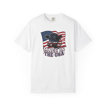 Rancher T-Shirt featuring a cow graphic and American flag design, celebrating American pride and made in the USA quality.