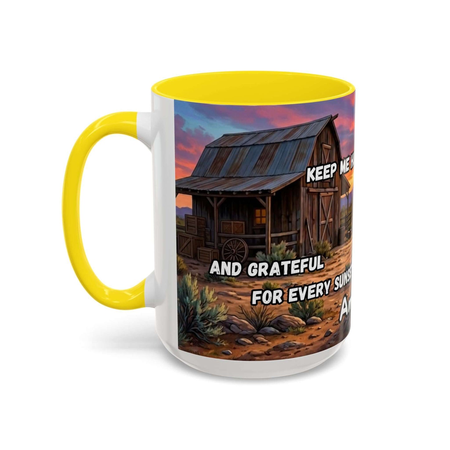 Cowboy Prayer Coffee Mug featuring a rustic barn and sunset design, perfect as a Western religious gift.
