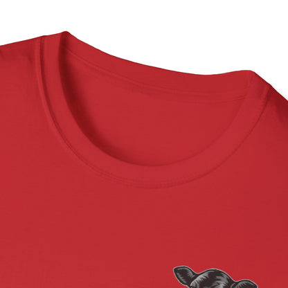 Close-up of the Farm Life T-Shirt showing the red crewneck and hand-drawn graphic perfect for ranchers.