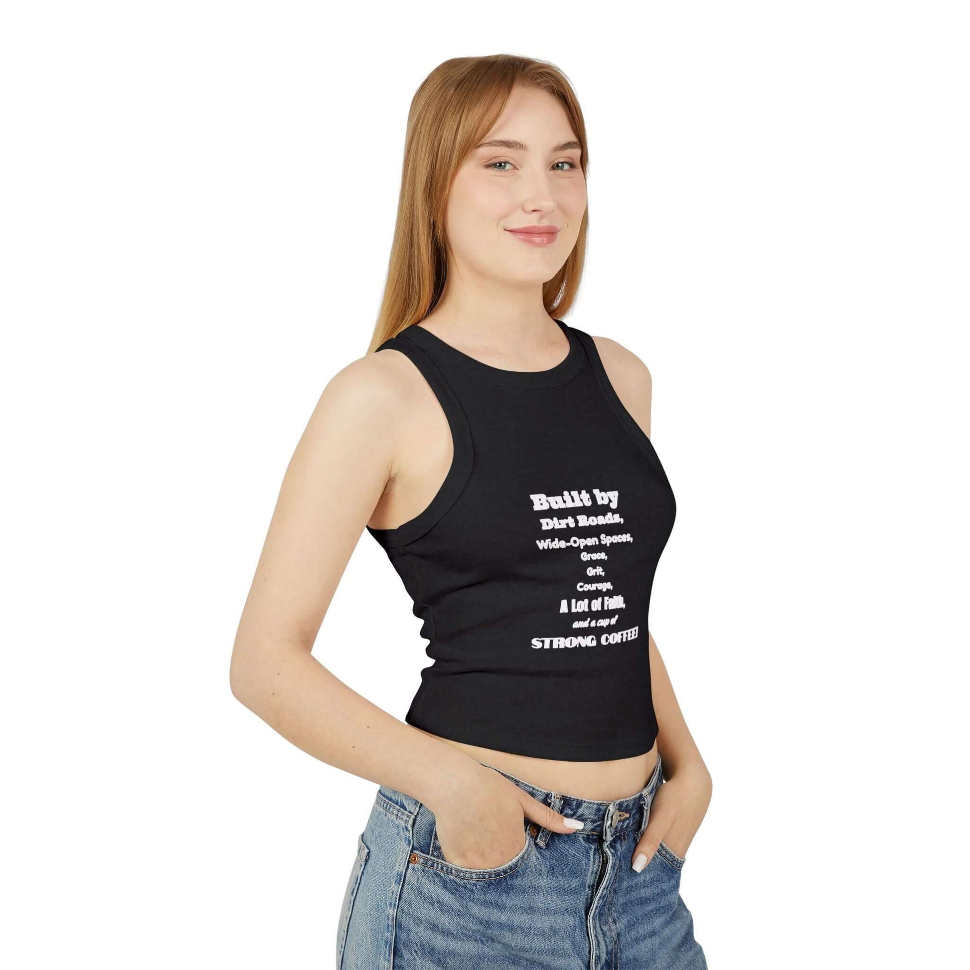 Women Racer Tank in black, featuring a fun graphic, perfect for summer outfits and outdoor adventures.
